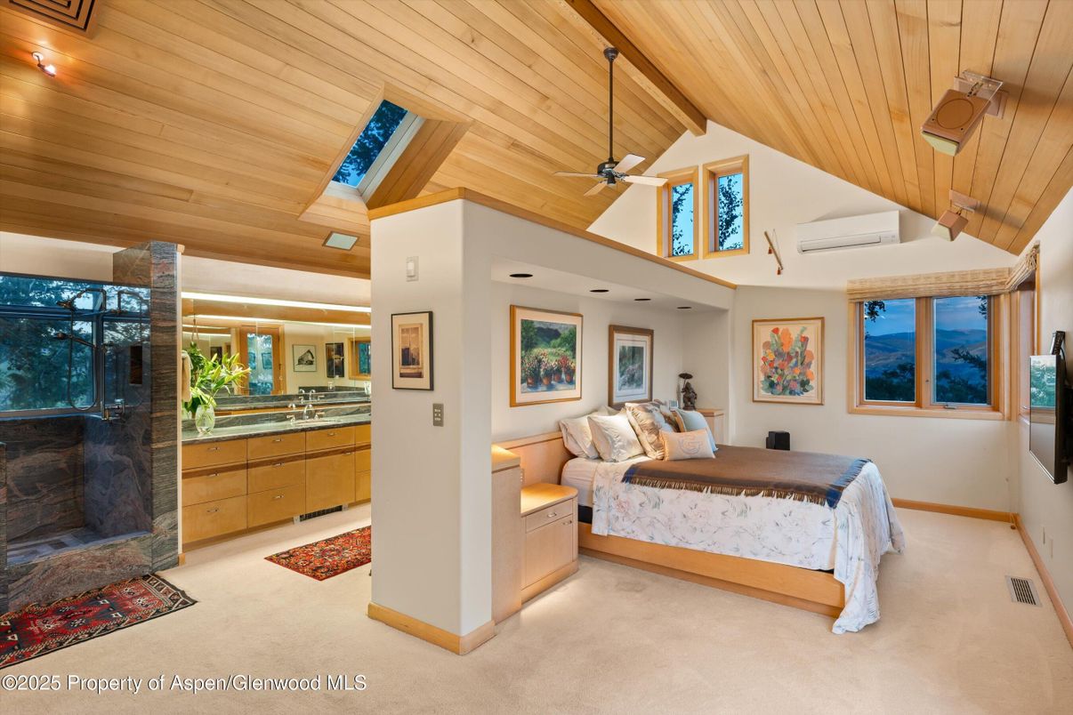 Bedroom, Fireplace, Interior, Recessed Lighting, Wooden Ceilings