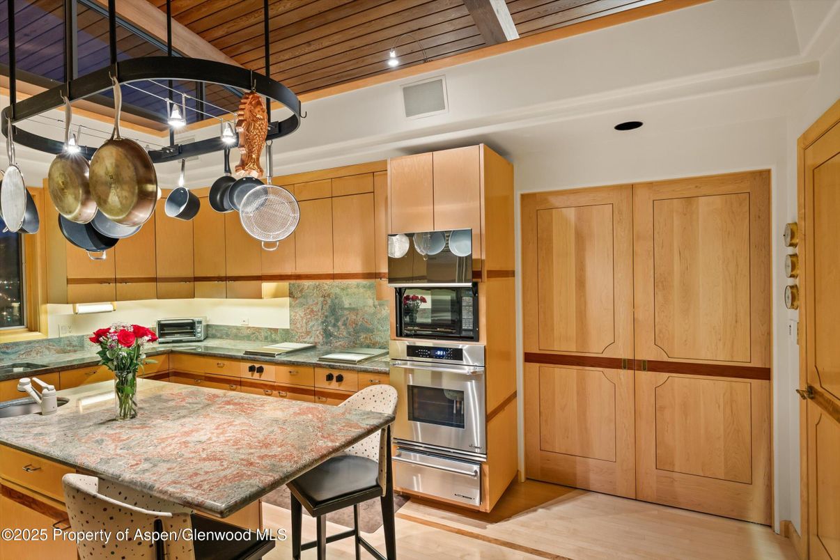 Interior, Kitchen, Recessed Lighting, Stainless Steel Appliances, Wooden Ceilings, Wood Texture Flooring