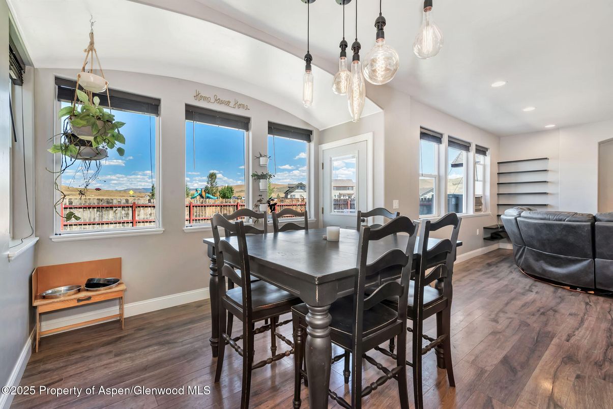 Dining room, Interior, Pendant Lights, Recessed Lighting, Wood Texture Flooring