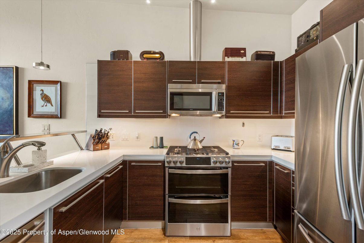 Interior, Kitchen, Pendant Lights, Stainless Steel Appliances, Wood Texture Flooring