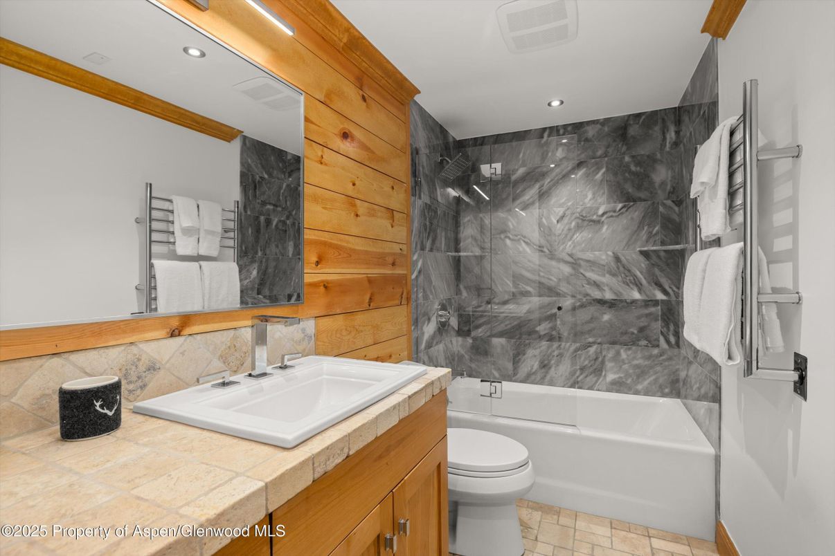 Bathroom, Interior, Recessed Lighting, Tile Countertops, Wooden Walls