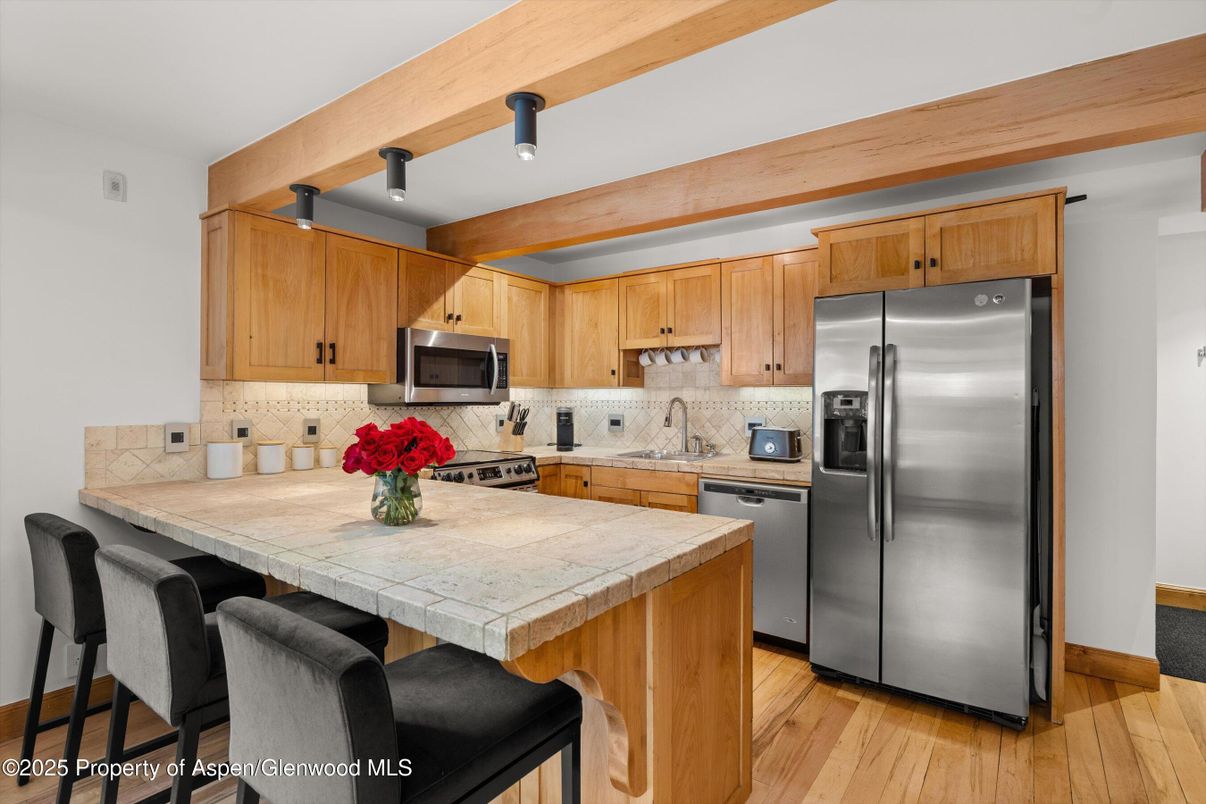 Interior, Kitchen, Stainless Steel Appliances, Tile Countertops, Wooden Beams, Wood Texture Flooring
