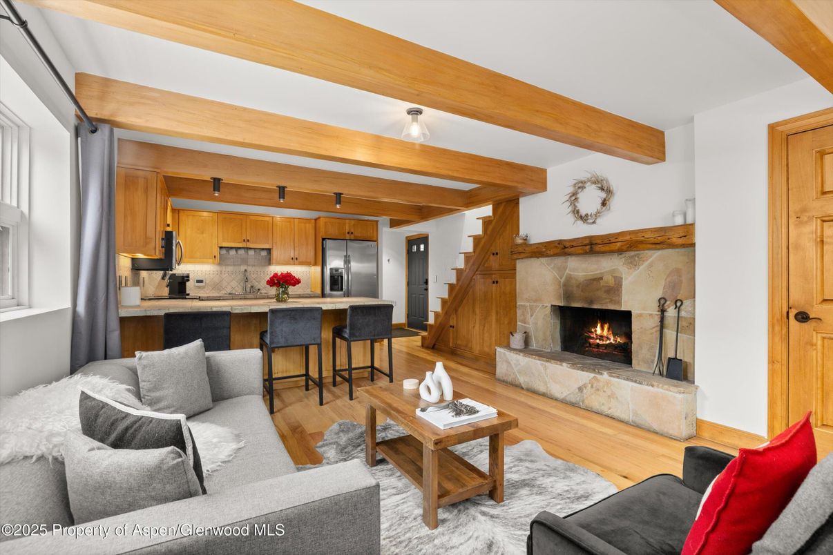 Fireplace, Interior, Kitchen, Living room, Wooden Beams, Wood Texture Flooring