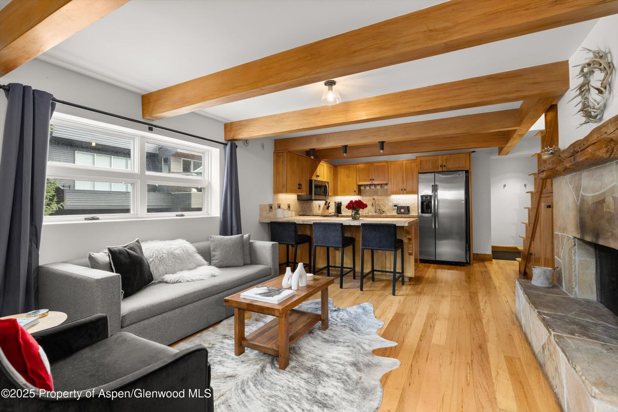 Fireplace, Interior, Kitchen, Living room, Stainless Steel Appliances, Wooden Beams, Wood Texture Flooring