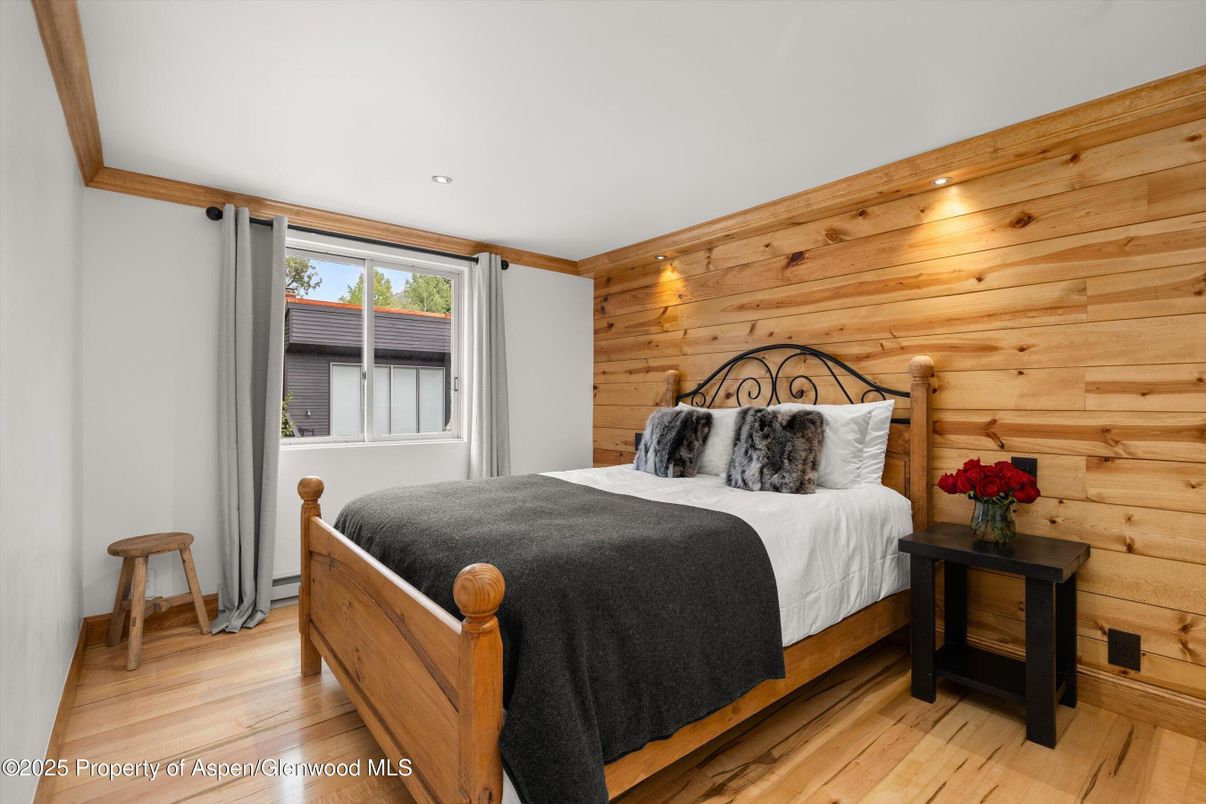 Bedroom, Interior, Recessed Lighting, Wood Texture Flooring, Wooden Walls