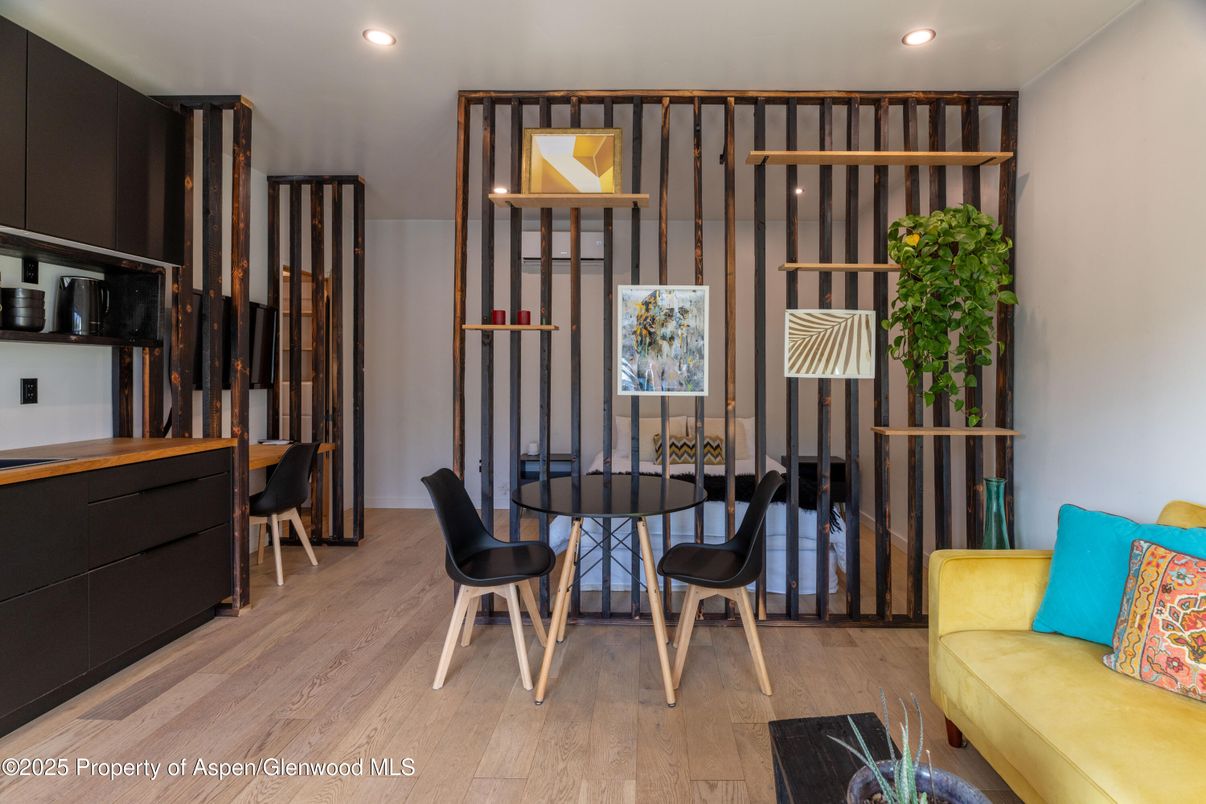 Dining room, Interior, Recessed Lighting, Wood Texture Flooring