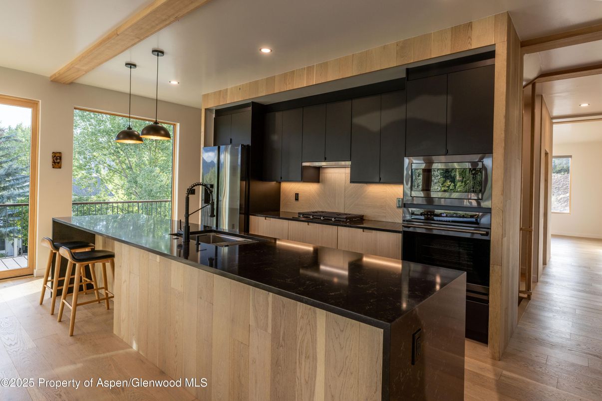 Interior, Kitchen, Pendant Lights, Recessed Lighting, Stainless Steel Appliances, Wooden Beams, Wood Texture Flooring