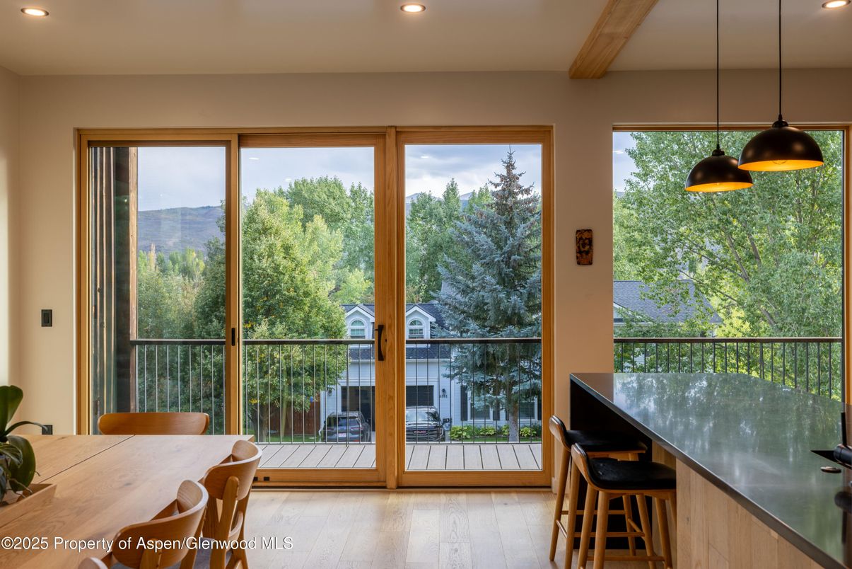 Dining room, Interior, Pendant Lights, Recessed Lighting, Wooden Beams, Wood Texture Flooring