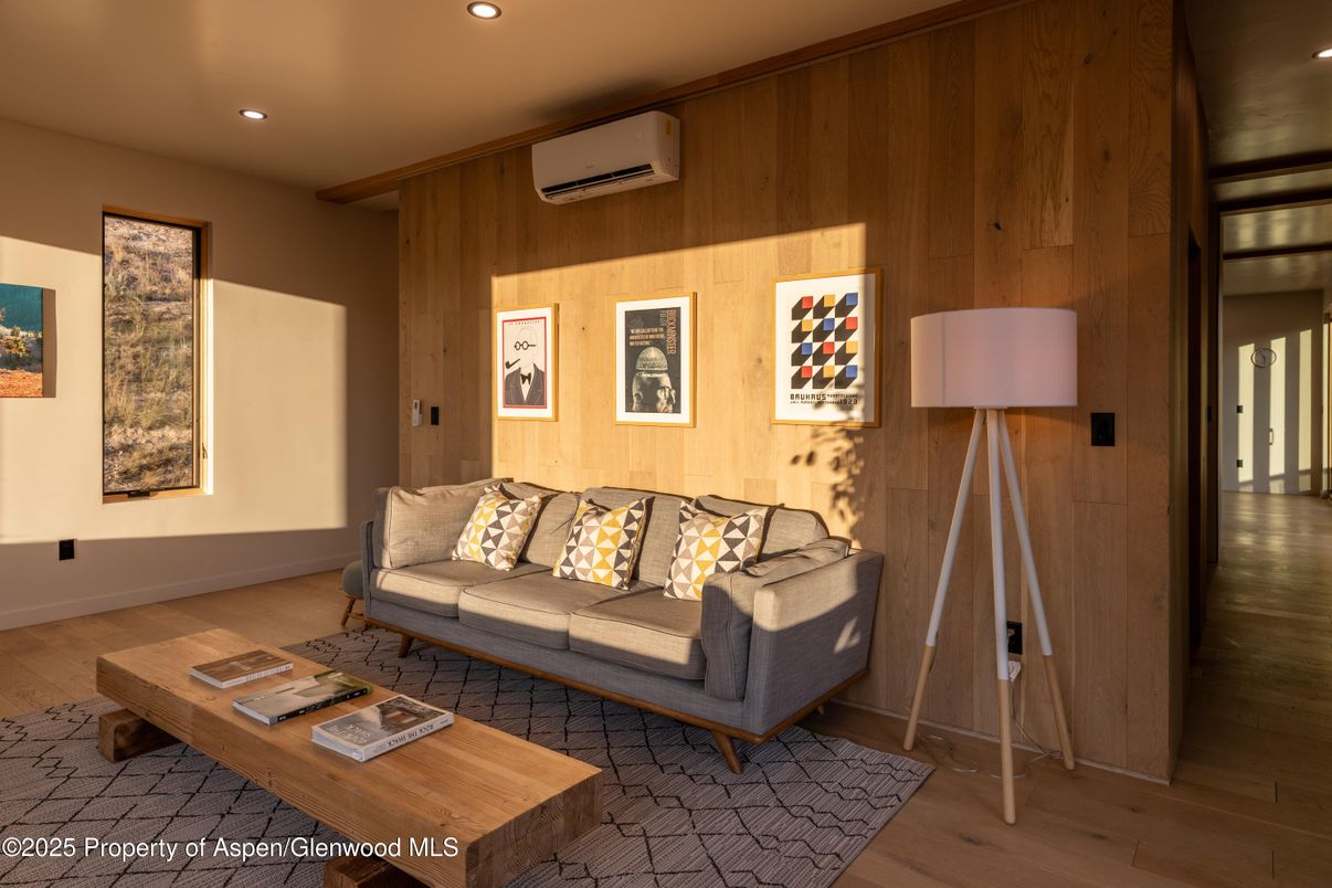 Interior, Living room, Recessed Lighting, Wood Texture Flooring, Wooden Walls