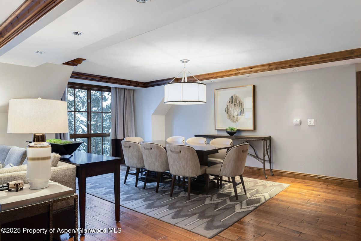Dining room, Interior, Pendant Lights, Recessed Lighting, Wood Texture Flooring
