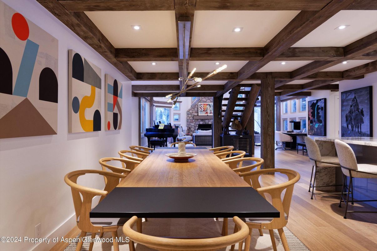Dining room, Fireplace, Interior, Pendant Lights, Recessed Lighting, Wooden Beams, Wood Texture Flooring