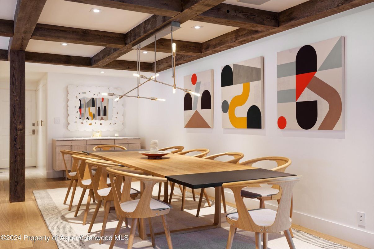 Dining room, Interior, Pendant Lights, Recessed Lighting, Wooden Beams, Wood Texture Flooring
