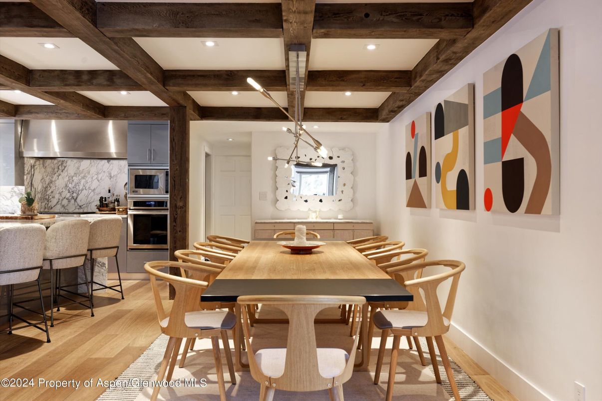 Dining room, Interior, Kitchen, Pendant Lights, Recessed Lighting, Stainless Steel Appliances, Wooden Beams, Wood Texture Flooring