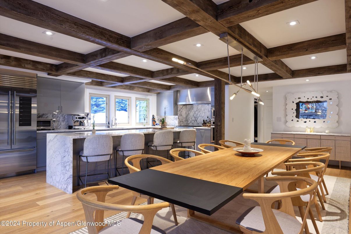 Dining room, Interior, Kitchen, Pendant Lights, Recessed Lighting, Stainless Steel Appliances, Wooden Beams, Wood Texture Flooring