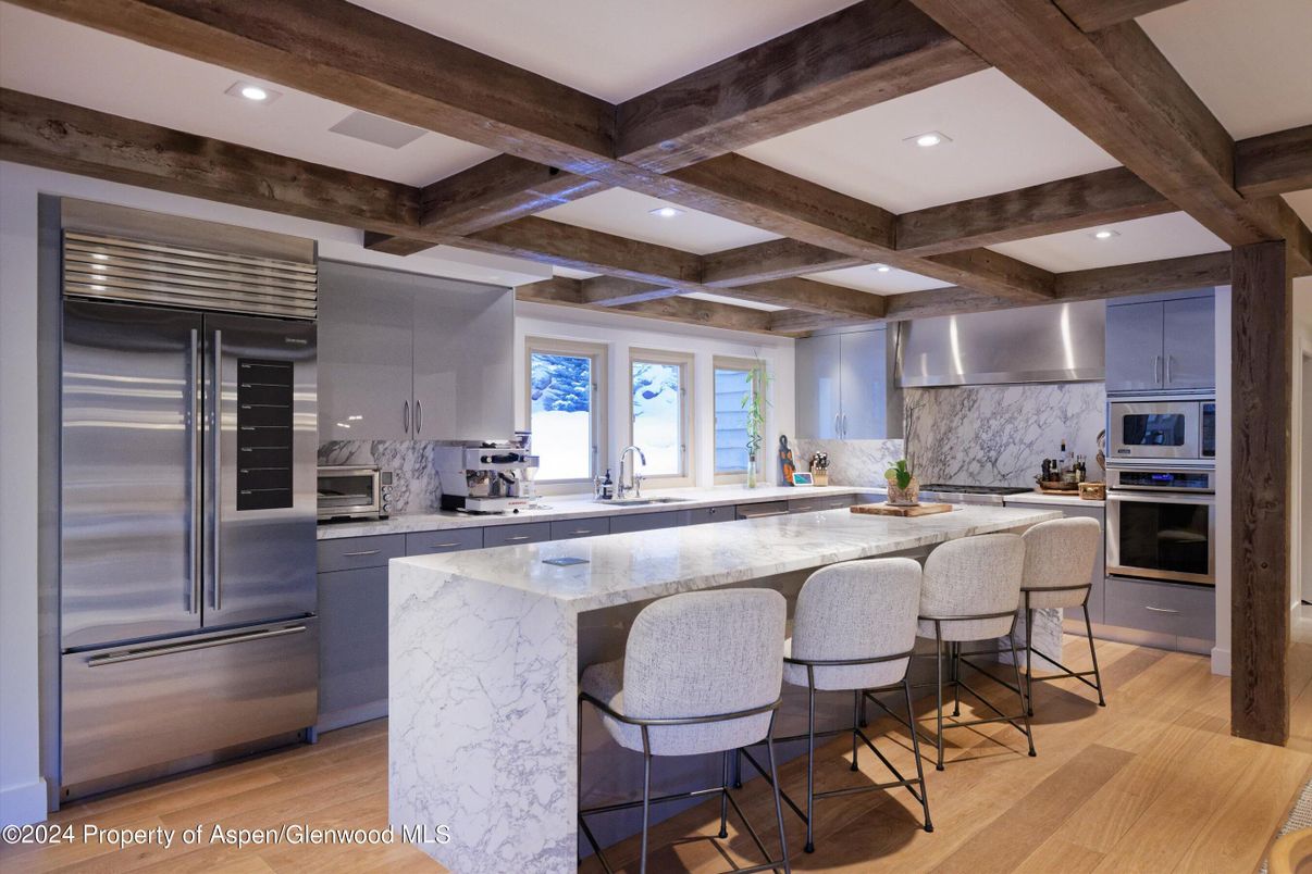 Interior, Kitchen, Recessed Lighting, Stainless Steel Appliances, Wooden Beams, Wood Texture Flooring