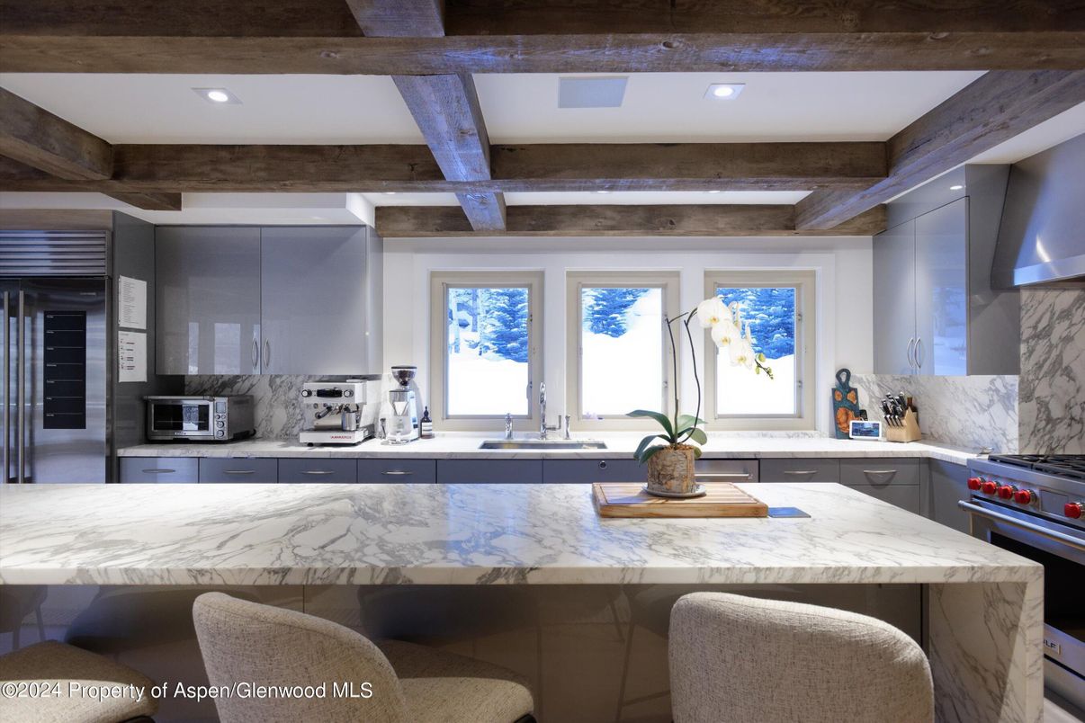 Interior, Kitchen, Recessed Lighting, Stainless Steel Appliances, Wooden Beams