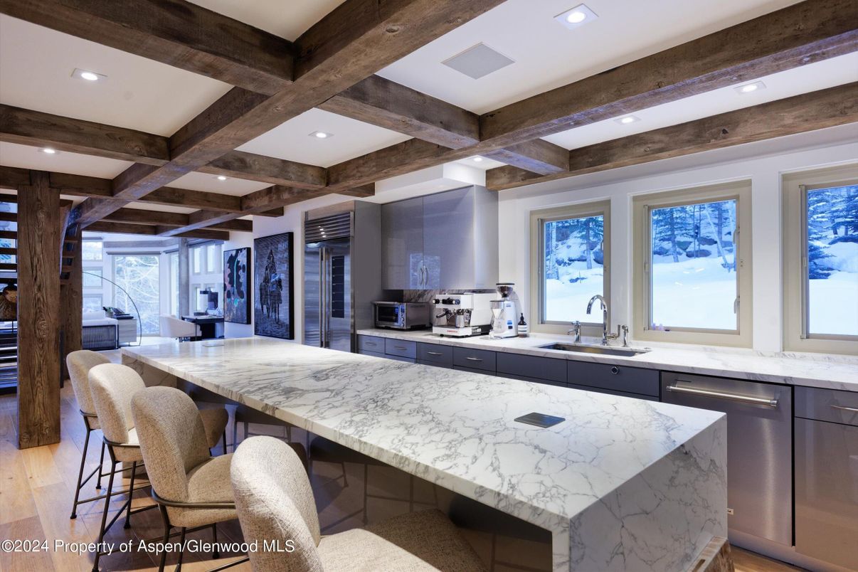 Interior, Kitchen, Recessed Lighting, Stainless Steel Appliances, Wooden Beams, Wood Texture Flooring
