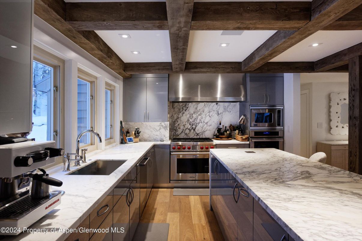 Interior, Kitchen, Recessed Lighting, Stainless Steel Appliances, Wooden Beams, Wood Texture Flooring