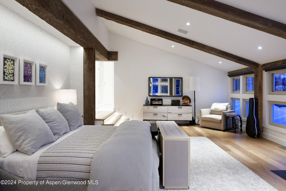 Bedroom, Interior, Recessed Lighting, Wooden Beams, Wood Texture Flooring