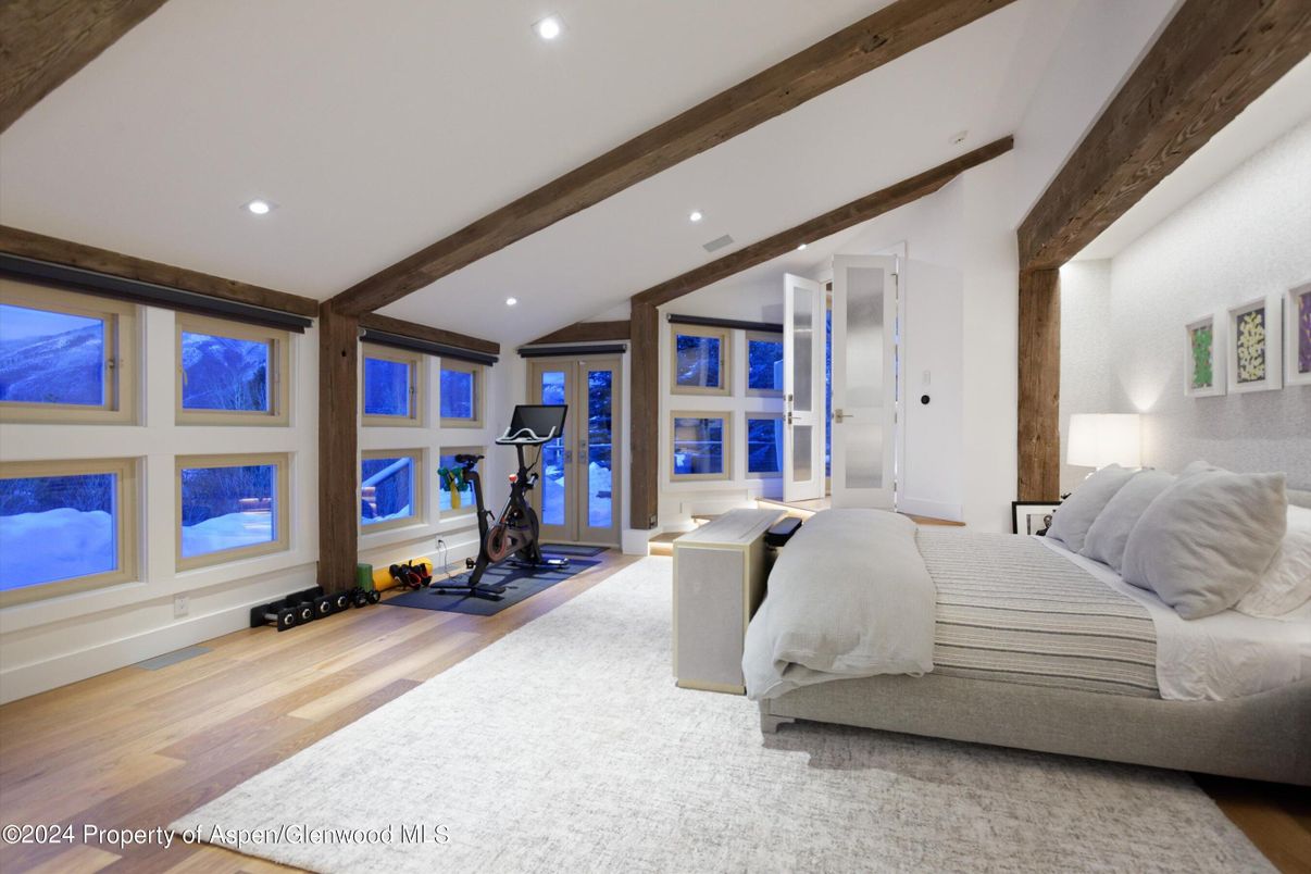 Bedroom, Fitness Equipment, Interior, Recessed Lighting, Wooden Beams, Wood Texture Flooring