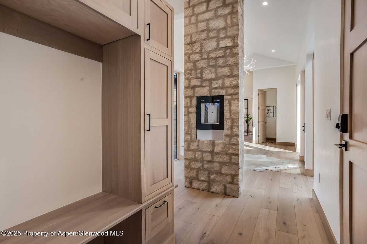 Interior, Recessed Lighting, Stone Walls, Wood Texture Flooring