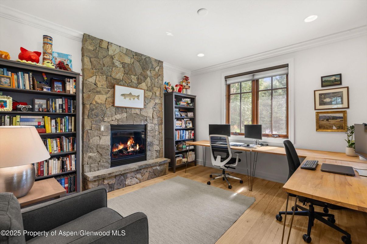 Fireplace, Home Office, Interior, Recessed Lighting, Stone Walls, Wood Texture Flooring