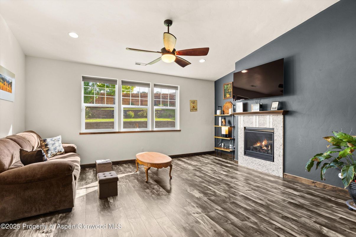Fireplace, Interior, Living room, Recessed Lighting, Wood Texture Flooring