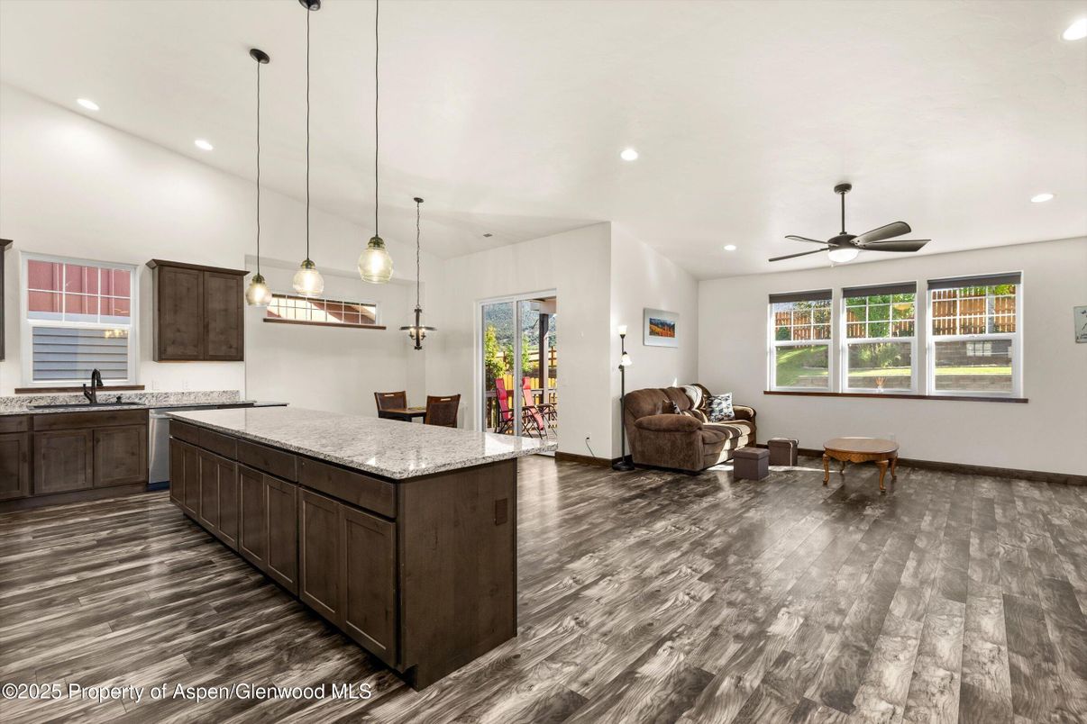 Interior, Kitchen, Pendant Lights, Recessed Lighting, Wood Texture Flooring