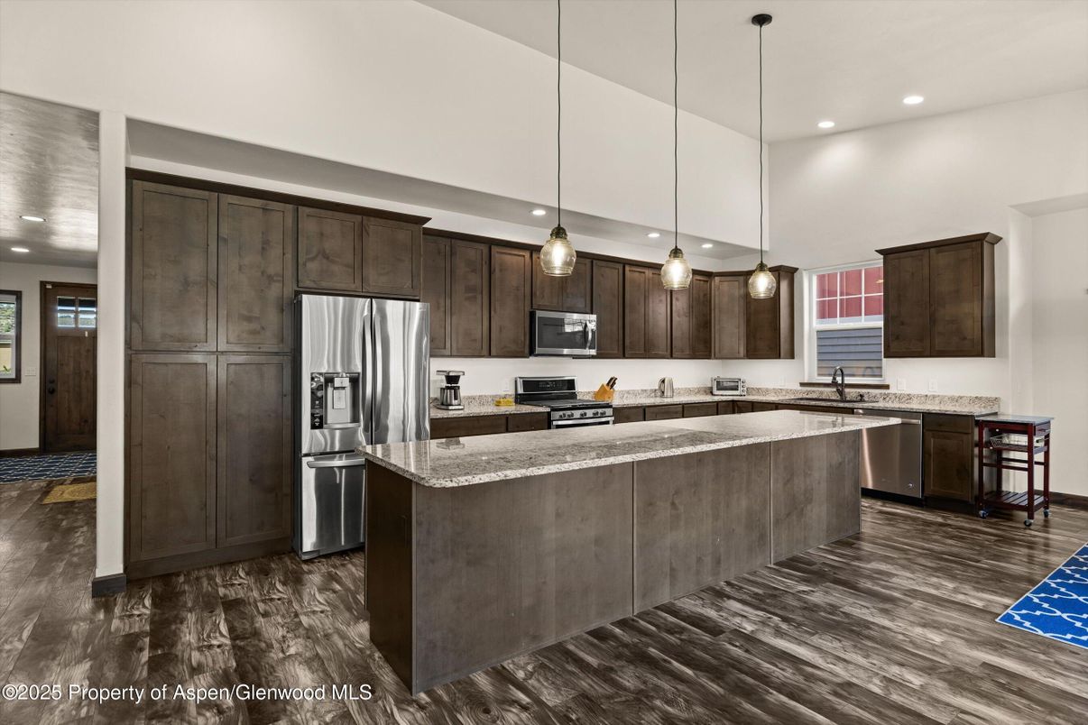 Interior, Kitchen, Pendant Lights, Recessed Lighting, Stainless Steel Appliances, Wood Texture Flooring