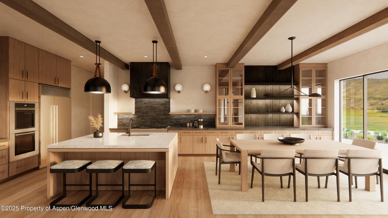 Dining room, Interior, Kitchen, Pendant Lights, Recessed Lighting, Stainless Steel Appliances, Wooden Beams, Wood Texture Flooring