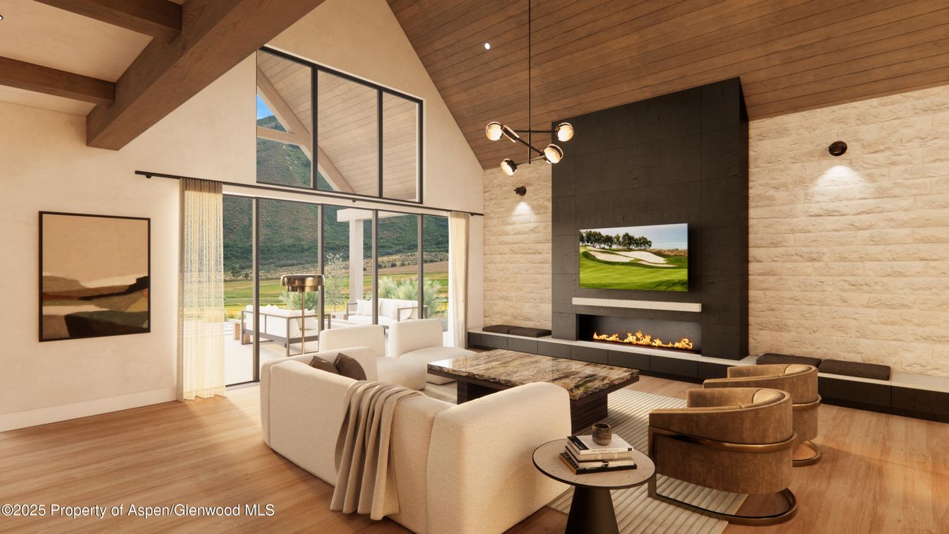 Fireplace, Interior, Living room, Pendant Lights, Recessed Lighting, Stone Walls, Wooden Beams, Wooden Ceilings, Wood Texture Flooring