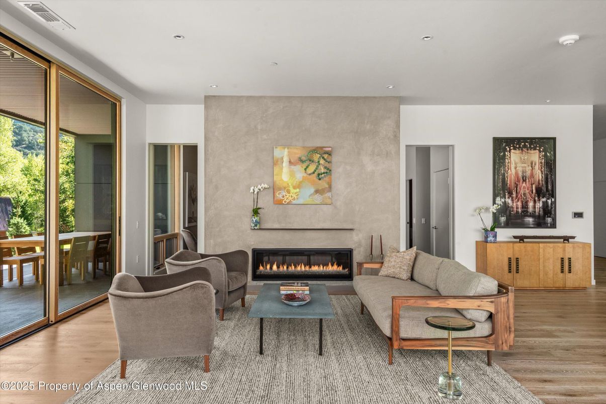 Fireplace, Interior, Living room, Recessed Lighting, Wood Texture Flooring