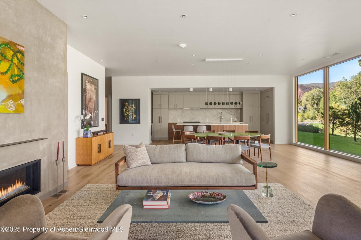 Dining room, Fireplace, Interior, Kitchen, Living room, Pendant Lights, Recessed Lighting, Wood Texture Flooring