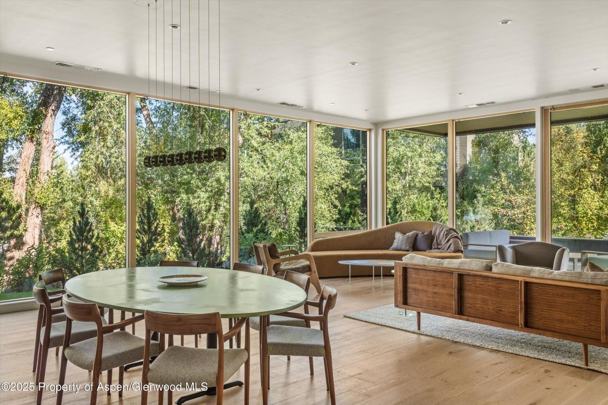 Dining room, Interior, Recessed Lighting, Sun Room, Wood Texture Flooring