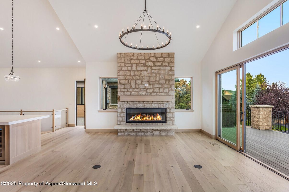 Fireplace, Interior, Pendant Lights, Recessed Lighting, Wood Texture Flooring