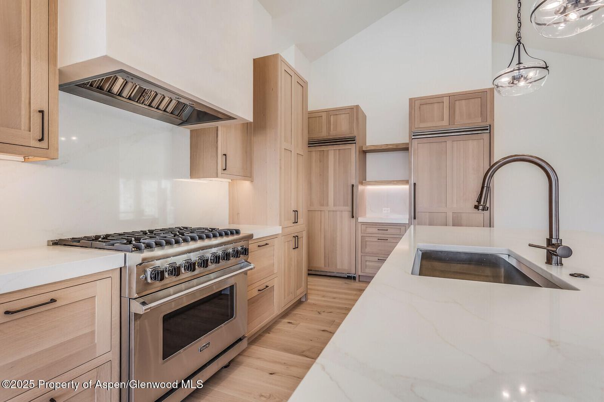 Interior, Kitchen, Pendant Lights, Stainless Steel Appliances, Wood Texture Flooring