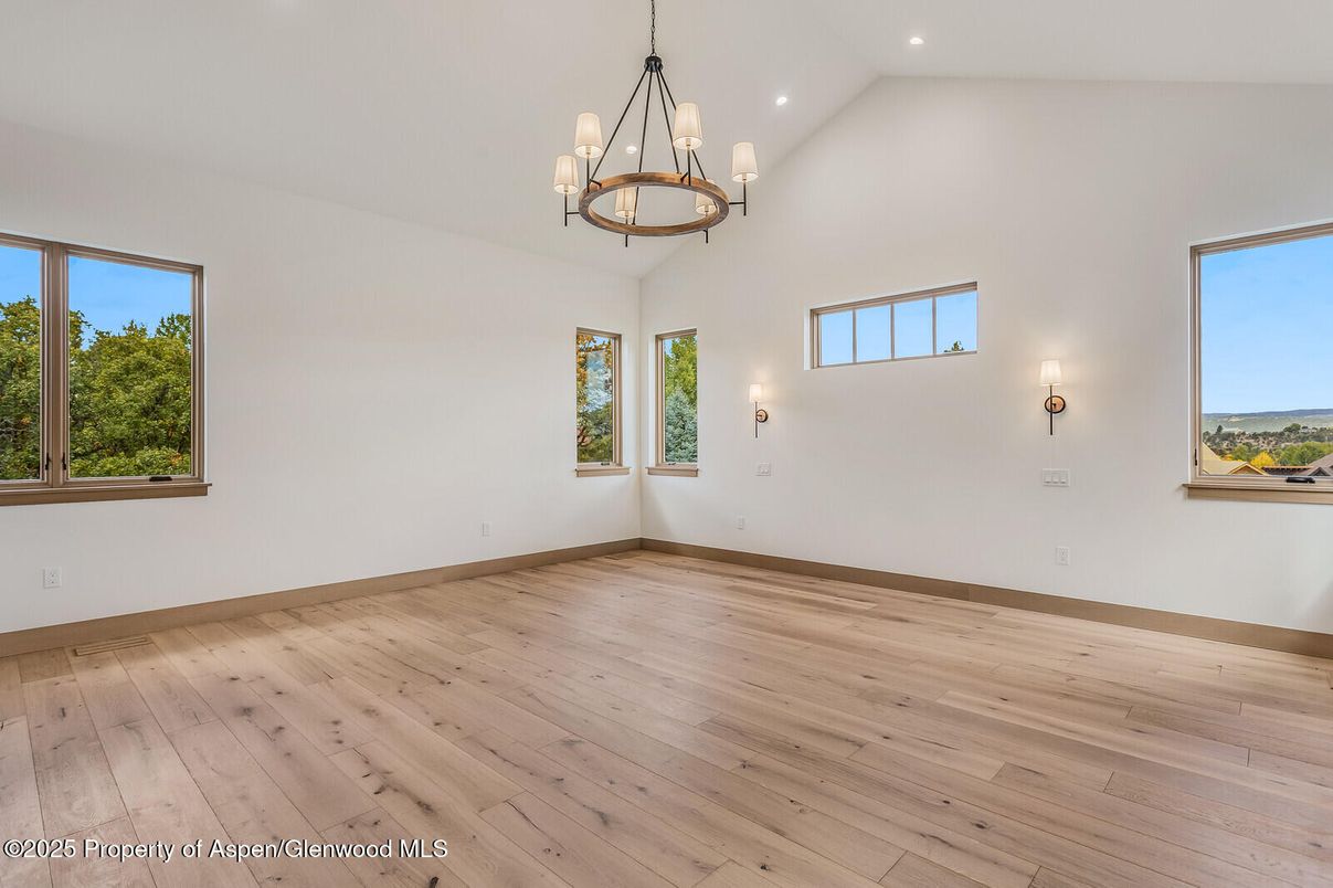 Chandelier, Empty room, Interior, Pendant Lights, Recessed Lighting, Wood Texture Flooring