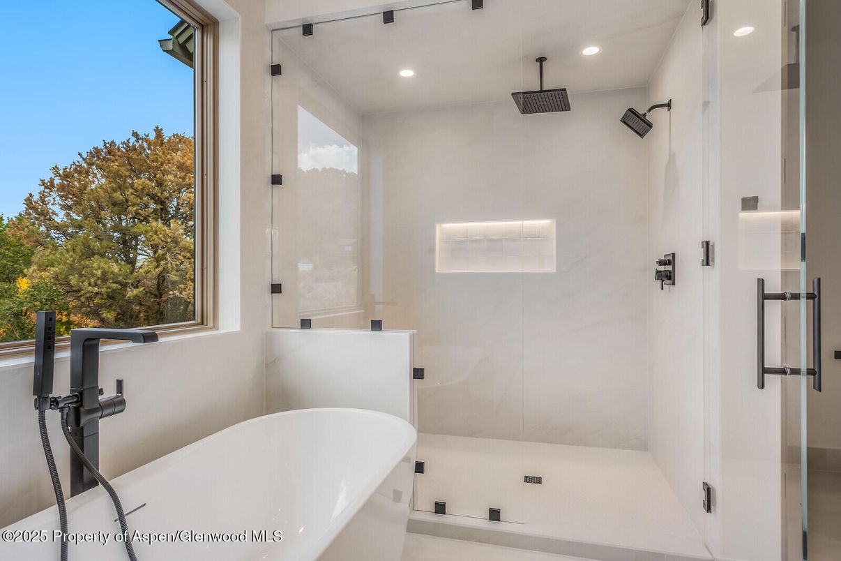 Bathroom, Free Standing Baths, Glass Shower, Interior, Recessed Lighting