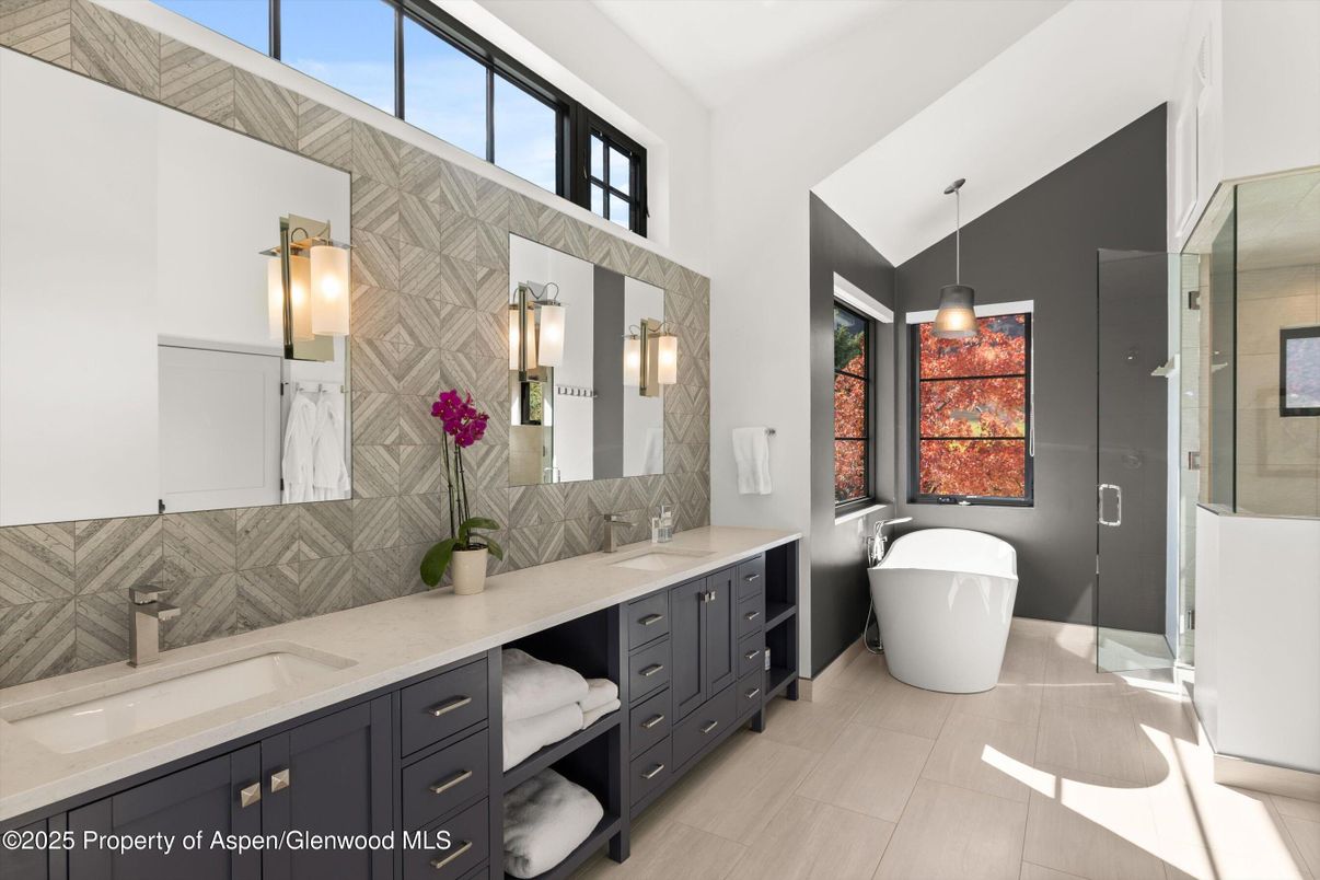 Bathroom, Dual Sink Vanities, Free Standing Baths, Glass Shower, Interior, Pendant Lights