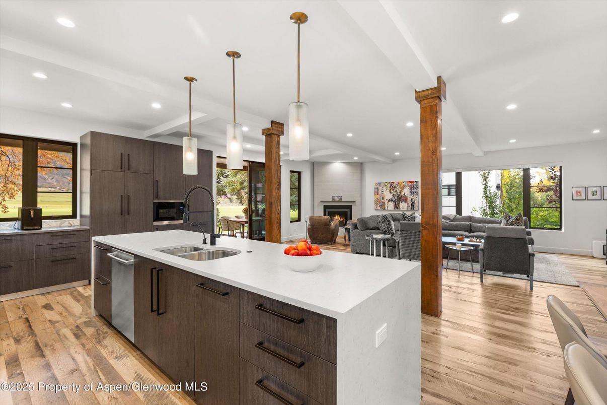 Fireplace, Interior, Kitchen, Living room, Pendant Lights, Recessed Lighting, Stainless Steel Appliances, Wood Texture Flooring