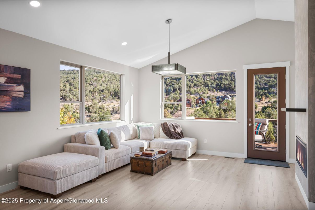 Fireplace, Interior, Living room, Pendant Lights, Recessed Lighting, Wood Texture Flooring