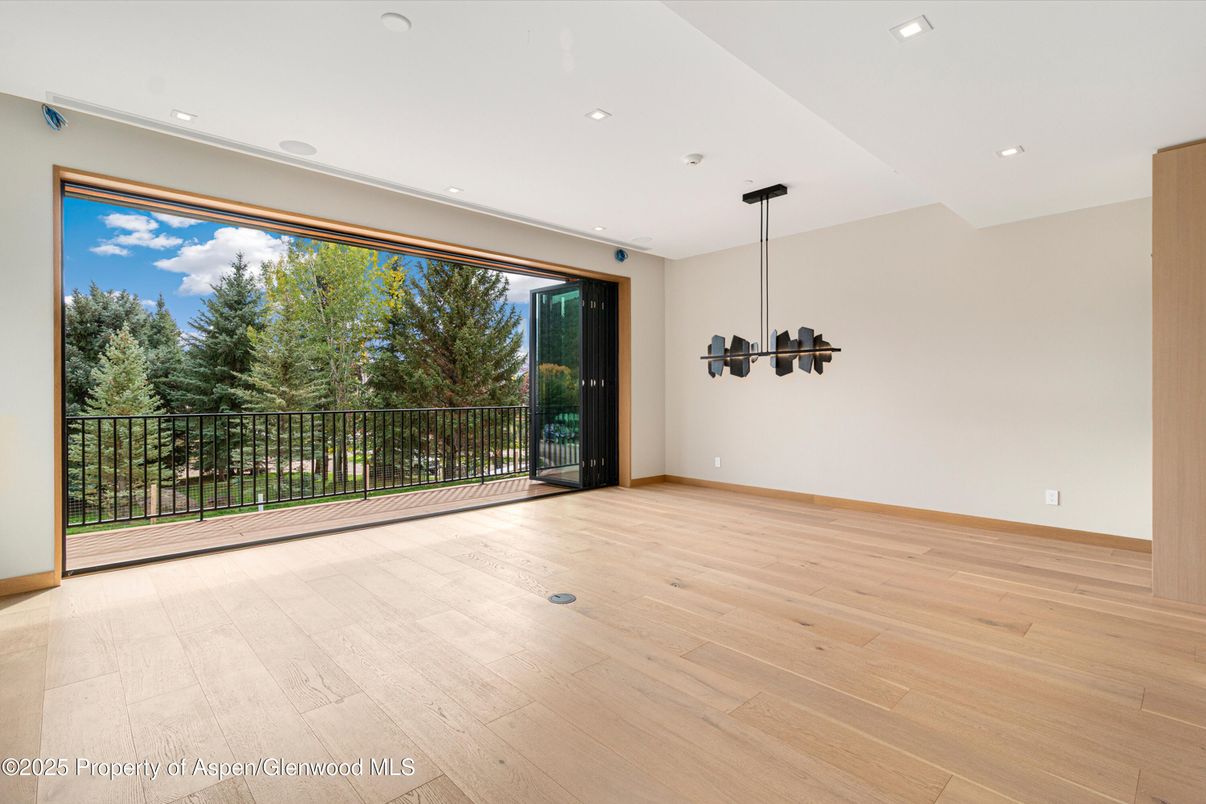 Empty room, Interior, Pendant Lights, Recessed Lighting, Wood Texture Flooring