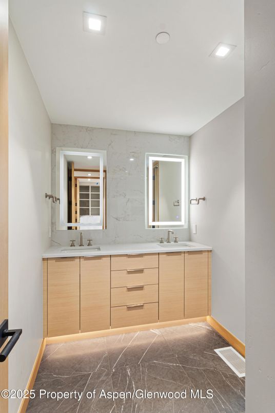 Bathroom, Dual Sink Vanities, Interior, Marble Walls, Recessed Lighting