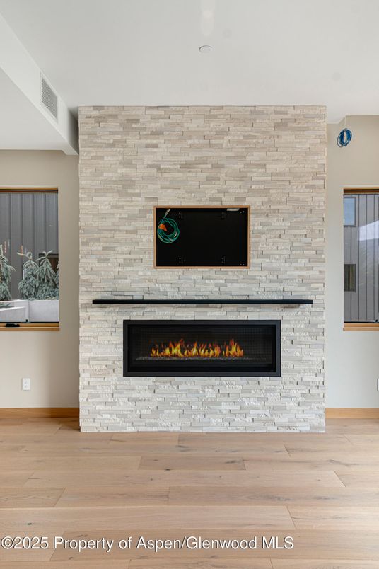 Empty room, Fireplace, Interior, Stone Walls, Wood Texture Flooring