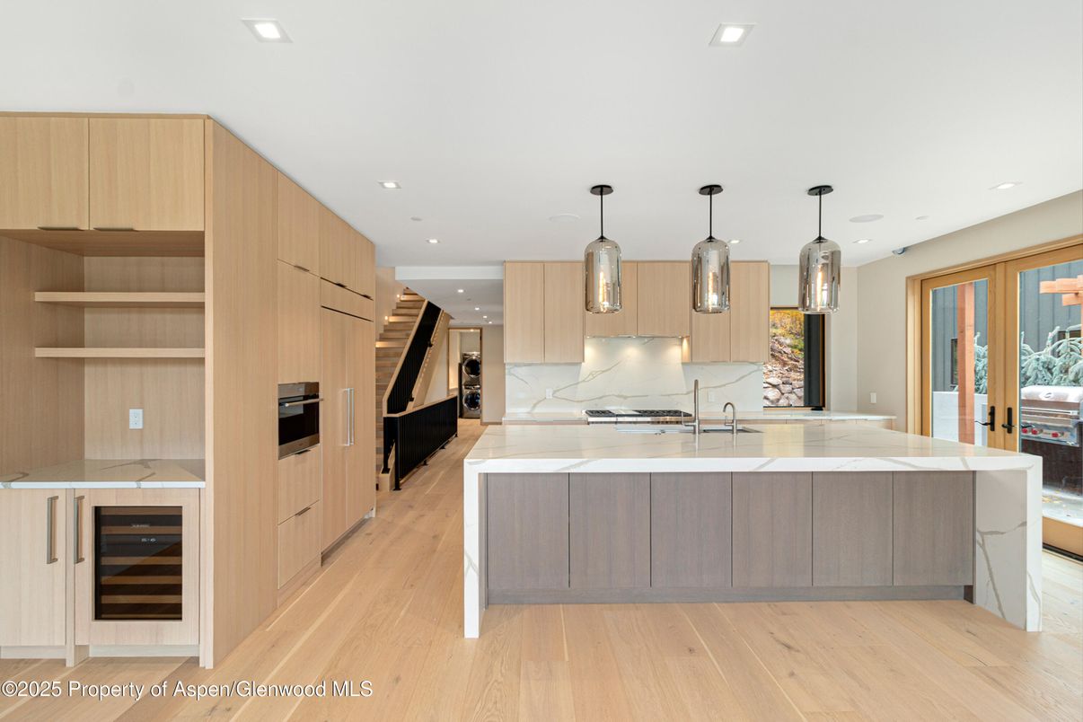 Interior, Kitchen, Pendant Lights, Recessed Lighting, Stainless Steel Appliances, Wood Texture Flooring