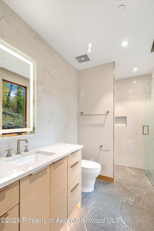Bathroom, Glass Shower, Interior, Marble, Marble Walls, Recessed Lighting