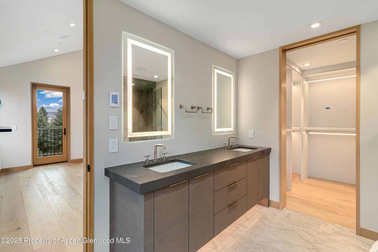 Bathroom, Dual Sink Vanities, Interior, Recessed Lighting, Wood Texture Flooring