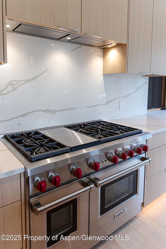 Interior, Kitchen, Marble Walls, Stainless Steel Appliances, Wood Texture Flooring