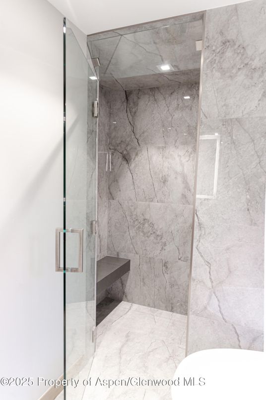 Bathroom, Glass Shower, Interior, Marble, Marble Walls, Recessed Lighting