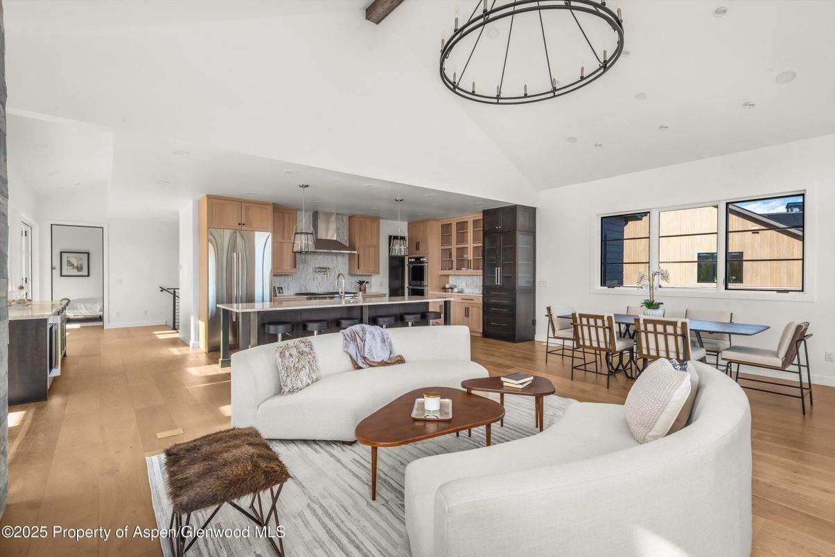 Dining room, Interior, Kitchen, Living room, Pendant Lights, Recessed Lighting, Stainless Steel Appliances, Wood Texture Flooring